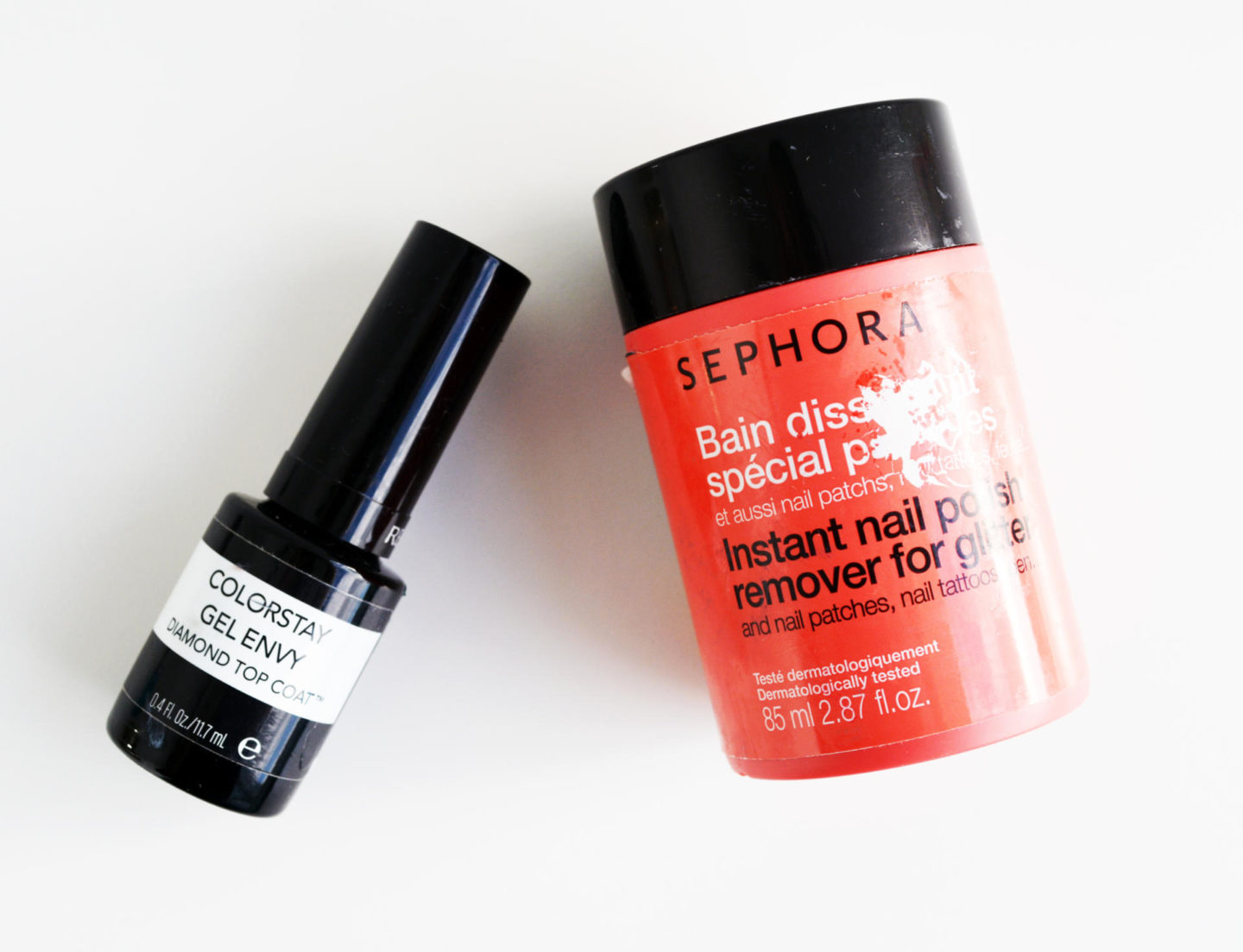 Sephora Collection Instant Nail Polish Remover For Glitter, Revlon Colorstay Gel Envy Longwear Diamond Top Coat