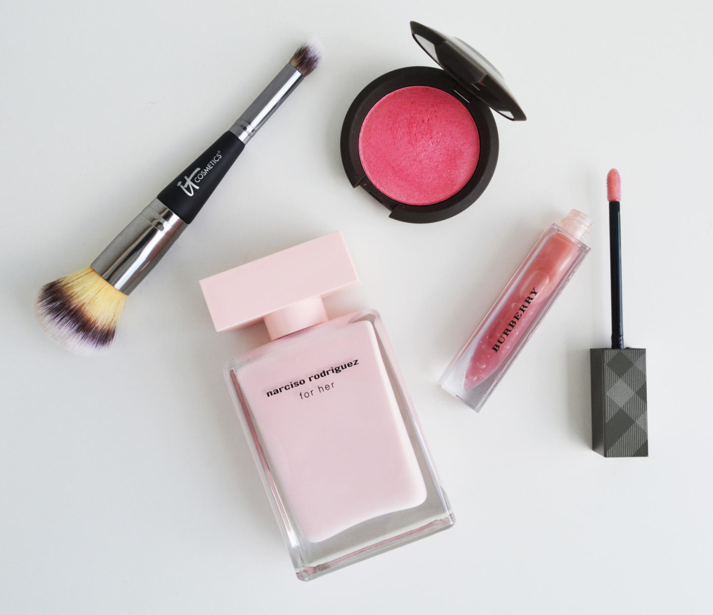 Narciso Rodriguez for her, Becca Camelia Blush, T Cosmetics Heavenly Luxe Complexion Perfection Brush #7